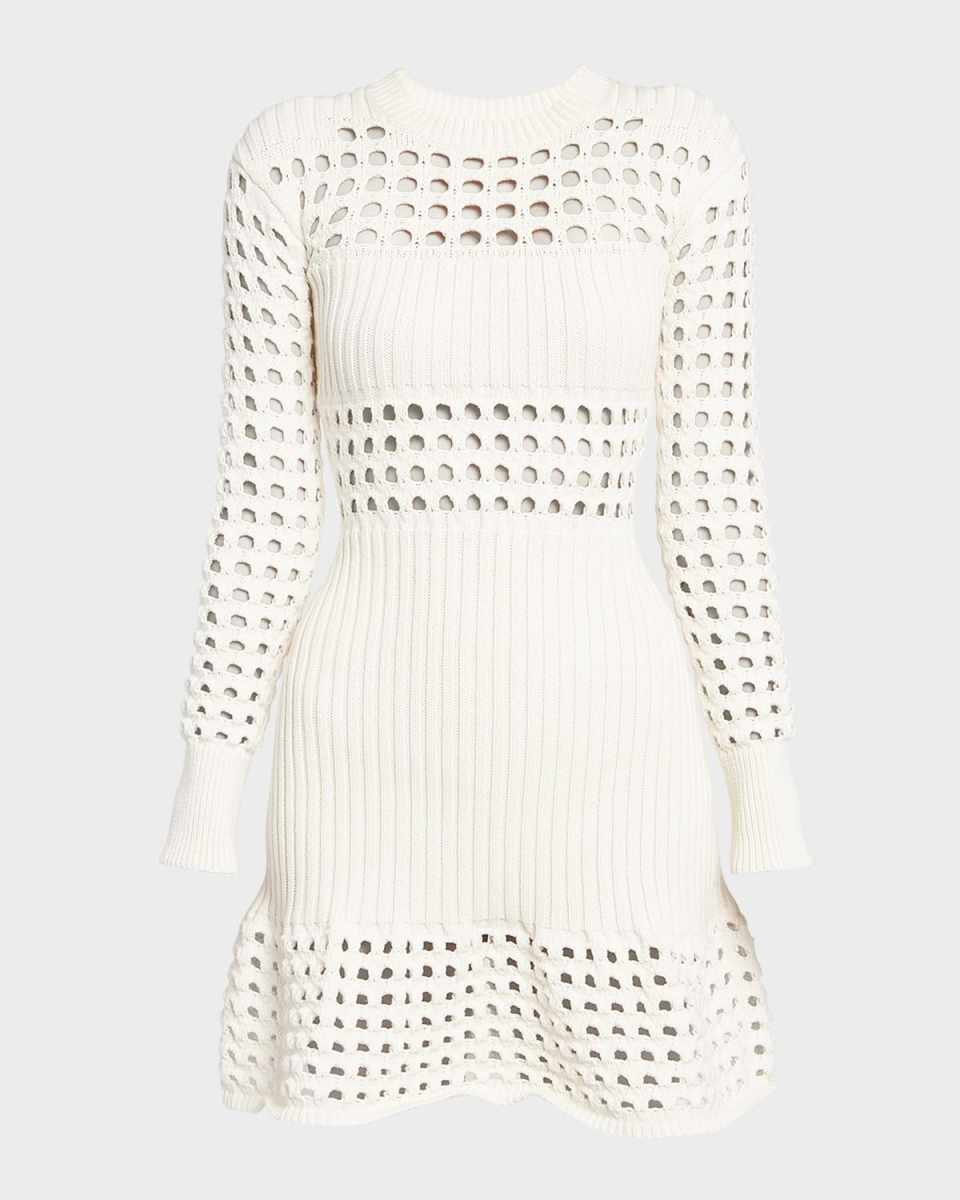 Crochet-Panel Long-Sleeve Mini Dress